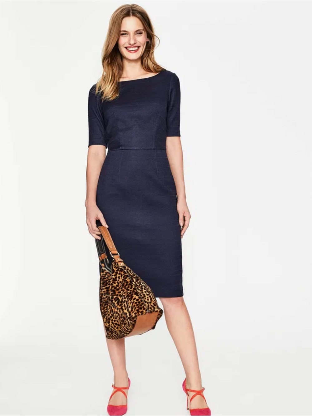 Boden Fleur Fitted Navy Midi Sheath Dress